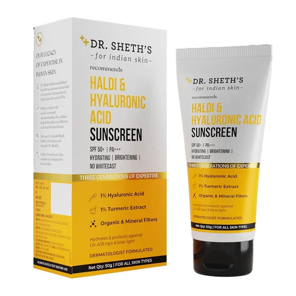 Dr. Sheth's Haldi &amp; Hyaluronic Acid SPF 50+ Sunscreen Cream, 50 gm, Pack of 1