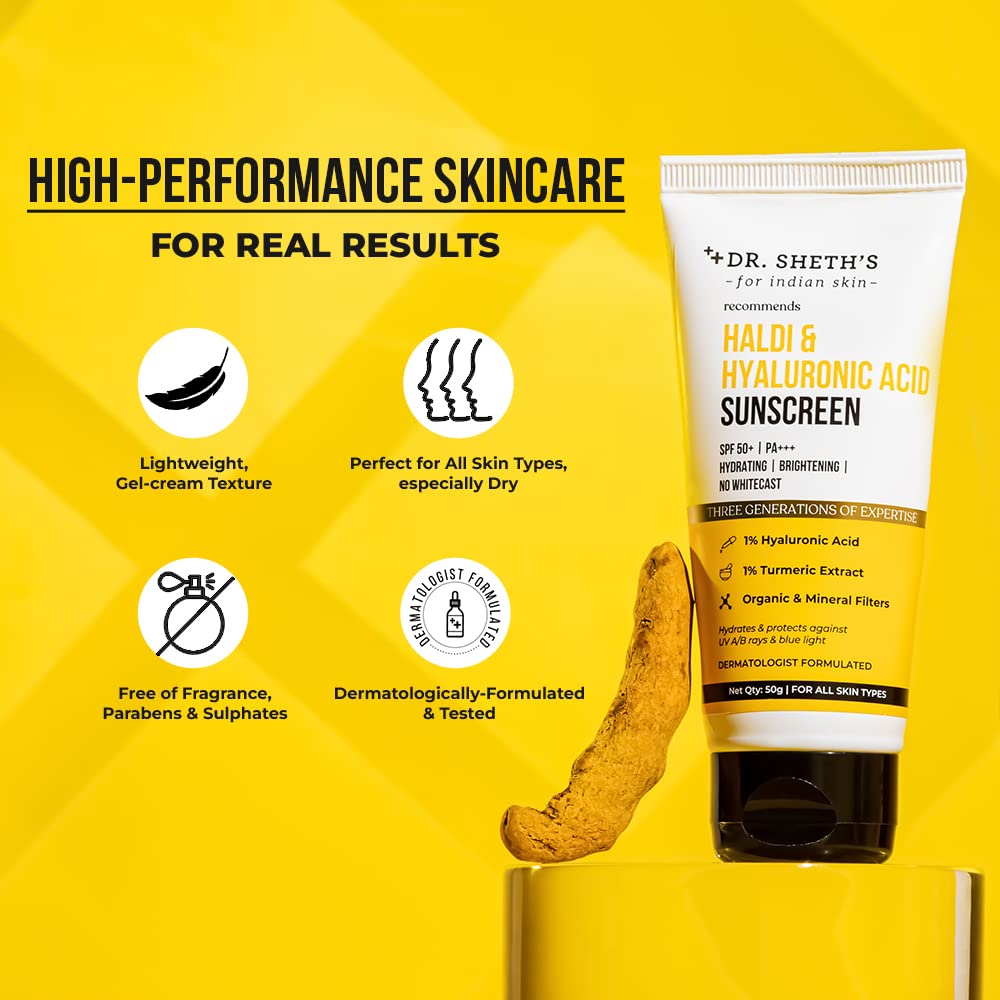 Dr. Sheth's Haldi & Hyaluronic Acid SPF 50+ Sunscreen Cream, 50 gm, Pack of 1 Dr. Sheth's Haldi & Hyaluronic Acid SPF 50+ Sunscreen Cream, 50 gm, Pack of 1