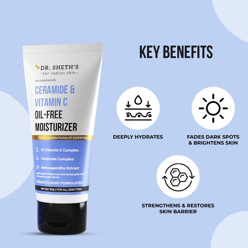Dr. Sheth's Ceramide & Vitamin C Oil Free Moisturizer 50 gm | Vitamin C, Ceramides Complex & Ashwagandha | Deeply Hydrates | Strengthens Skin Barrier | pH Balanced | Lightweight Formula | For All Skin Type, Pack of 1 Dr. Sheth's Ceramide & Vitamin C Oil Free Moisturizer 50 gm | Vitamin C, Ceramides Complex & Ashwagandha | Deeply Hydrates | Strengthens Skin Barrier | pH Balanced | Lightweight Formula | For All Skin Type, Pack of 1