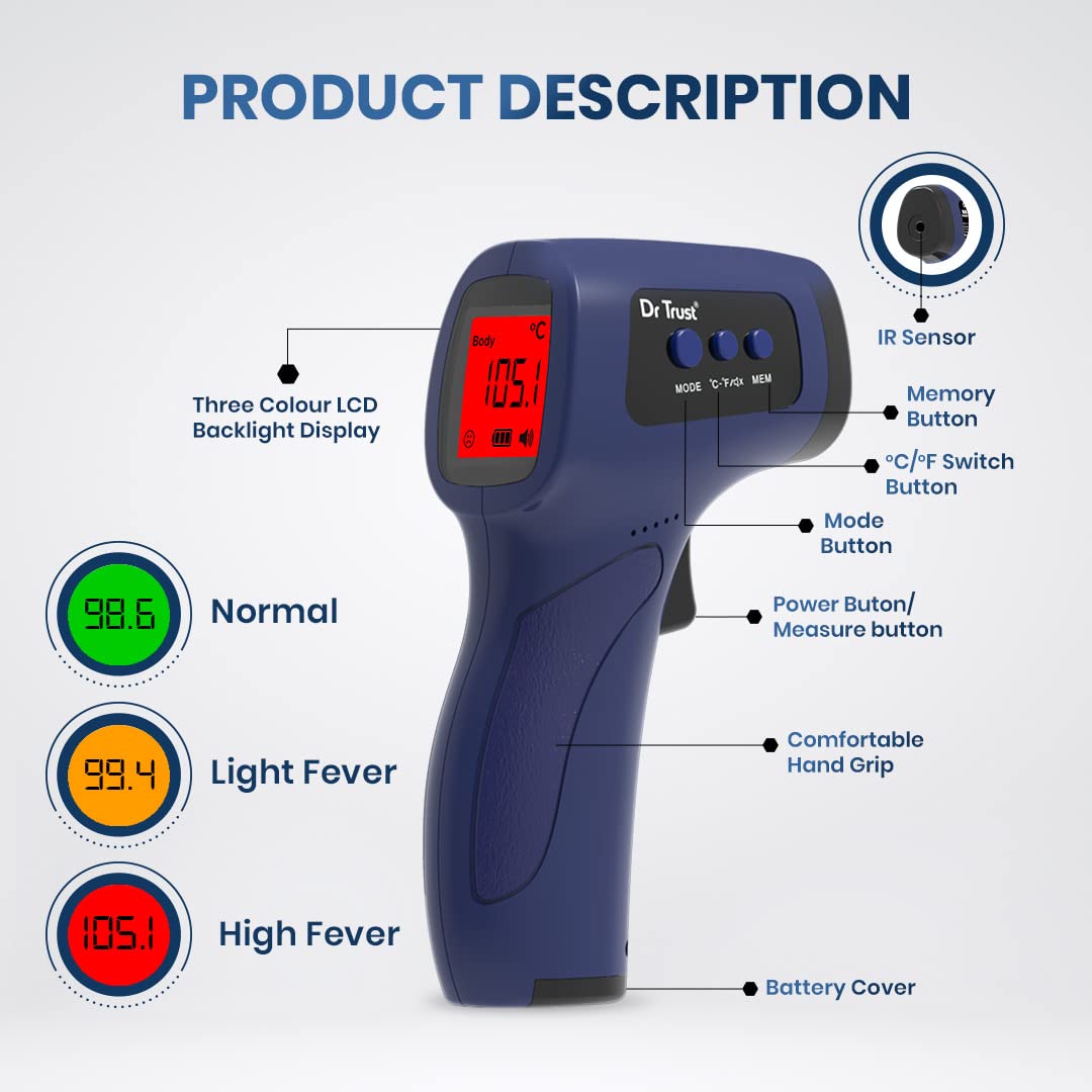 Dr Trust (USA) Clinical Digital Non Contact Infrared Forehead Thermometer Gun-610 (Blue), 1 Count, Pack of 1 Dr Trust (USA) Clinical Digital Non Contact Infrared Forehead Thermometer Gun-610 (Blue), 1 Count, Pack of 1