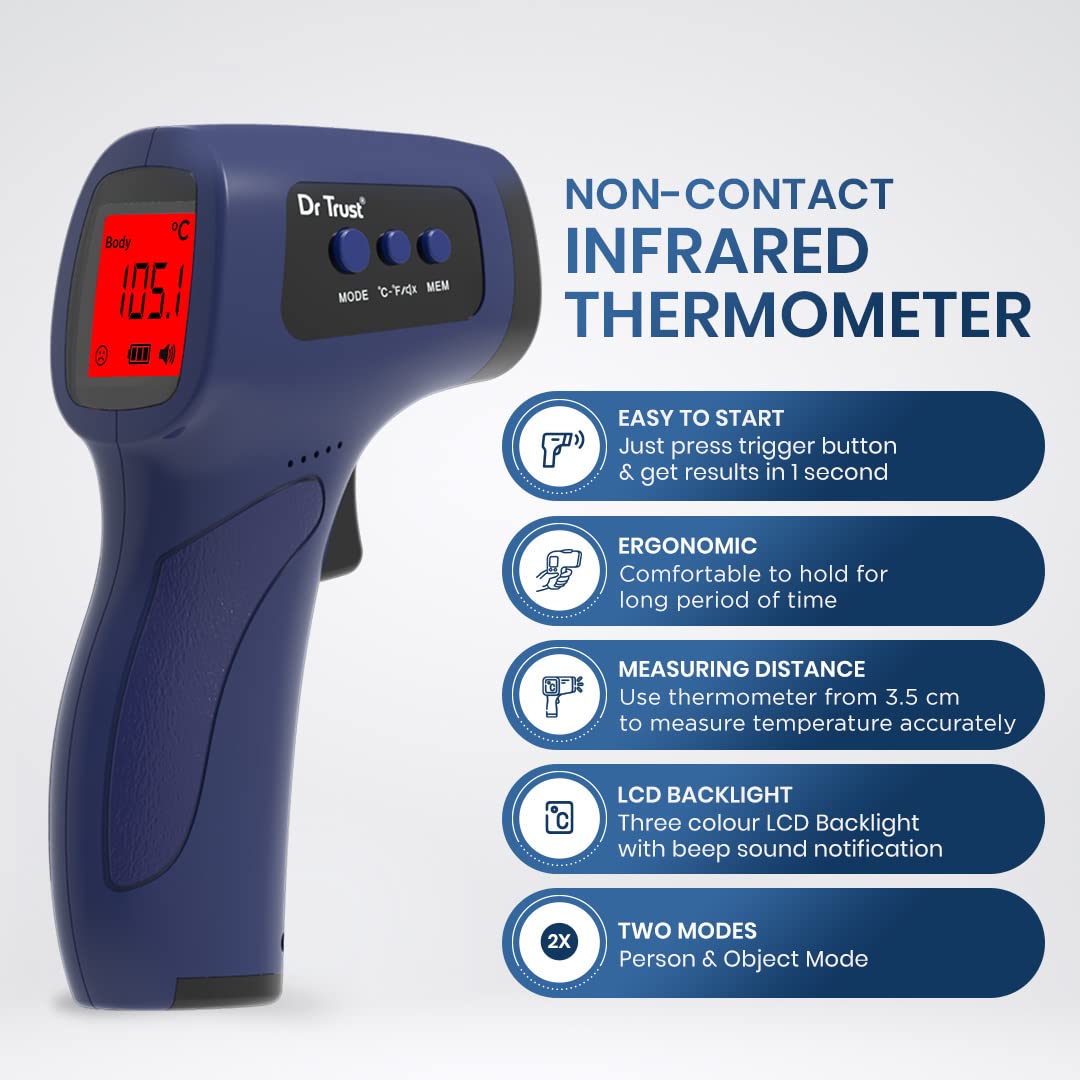 Dr Trust (USA) Clinical Digital Non Contact Infrared Forehead Thermometer Gun-610 (Blue), 1 Count, Pack of 1 Dr Trust (USA) Clinical Digital Non Contact Infrared Forehead Thermometer Gun-610 (Blue), 1 Count, Pack of 1