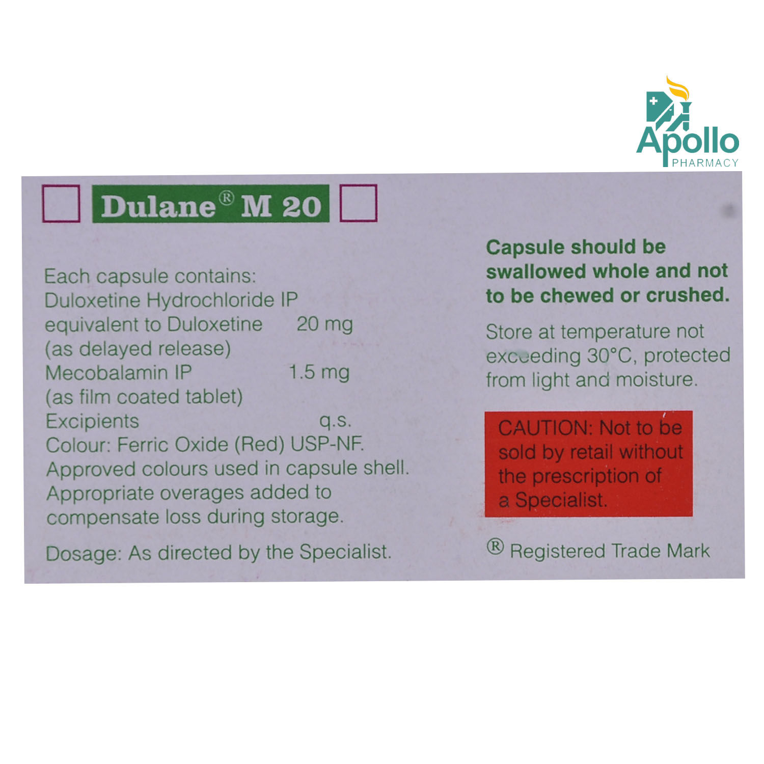 Dulane M 20 Capsule 10's, Pack of 10 CAPSULES