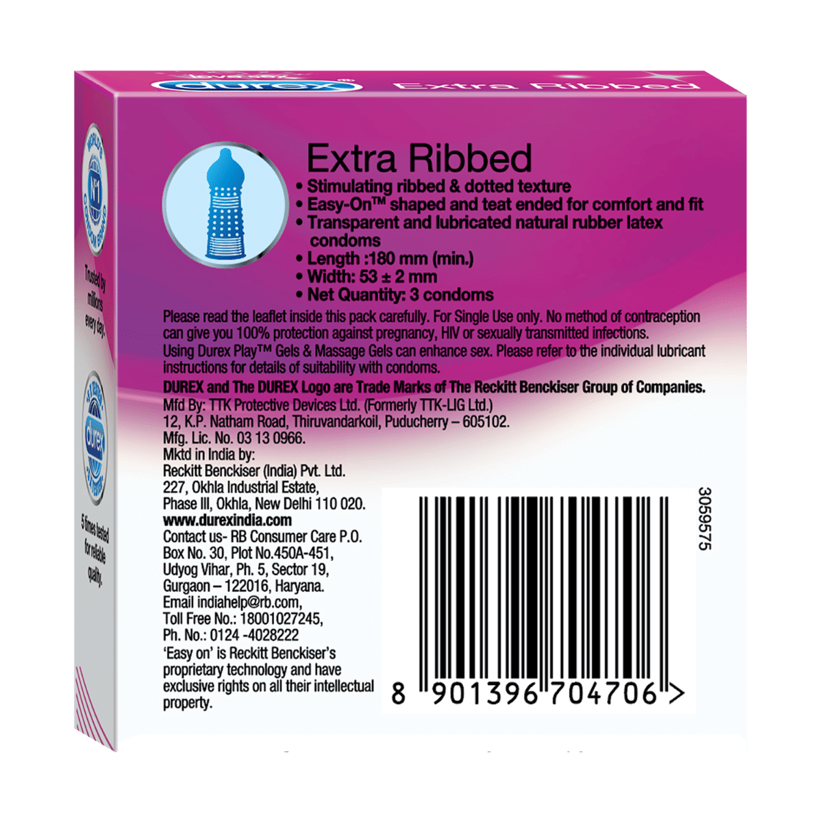 Durex Extra Ribbed Condoms, 3 Count, Pack of 1 Durex Extra Ribbed Condoms, 3 Count, Pack of 1