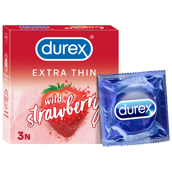 Durex Extra Thin Wild Strawberry Flavoured Condoms, 3 count