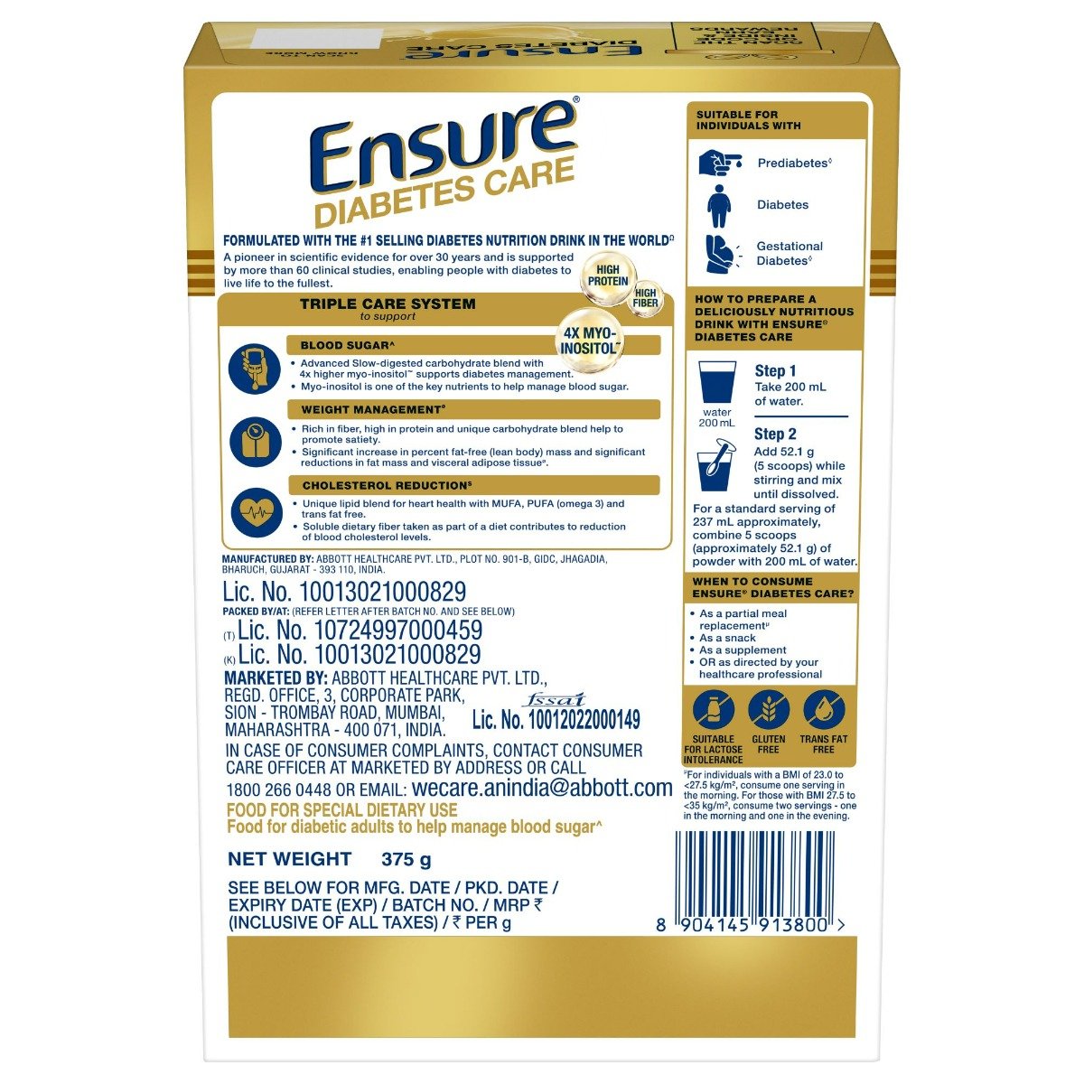 Ensure Diabetes Care Vanilla Delight Flavour Powder for Adults, 375 gm Refill, Pack of 1 Ensure Diabetes Care Vanilla Delight Flavour Powder for Adults, 375 gm Refill, Pack of 1