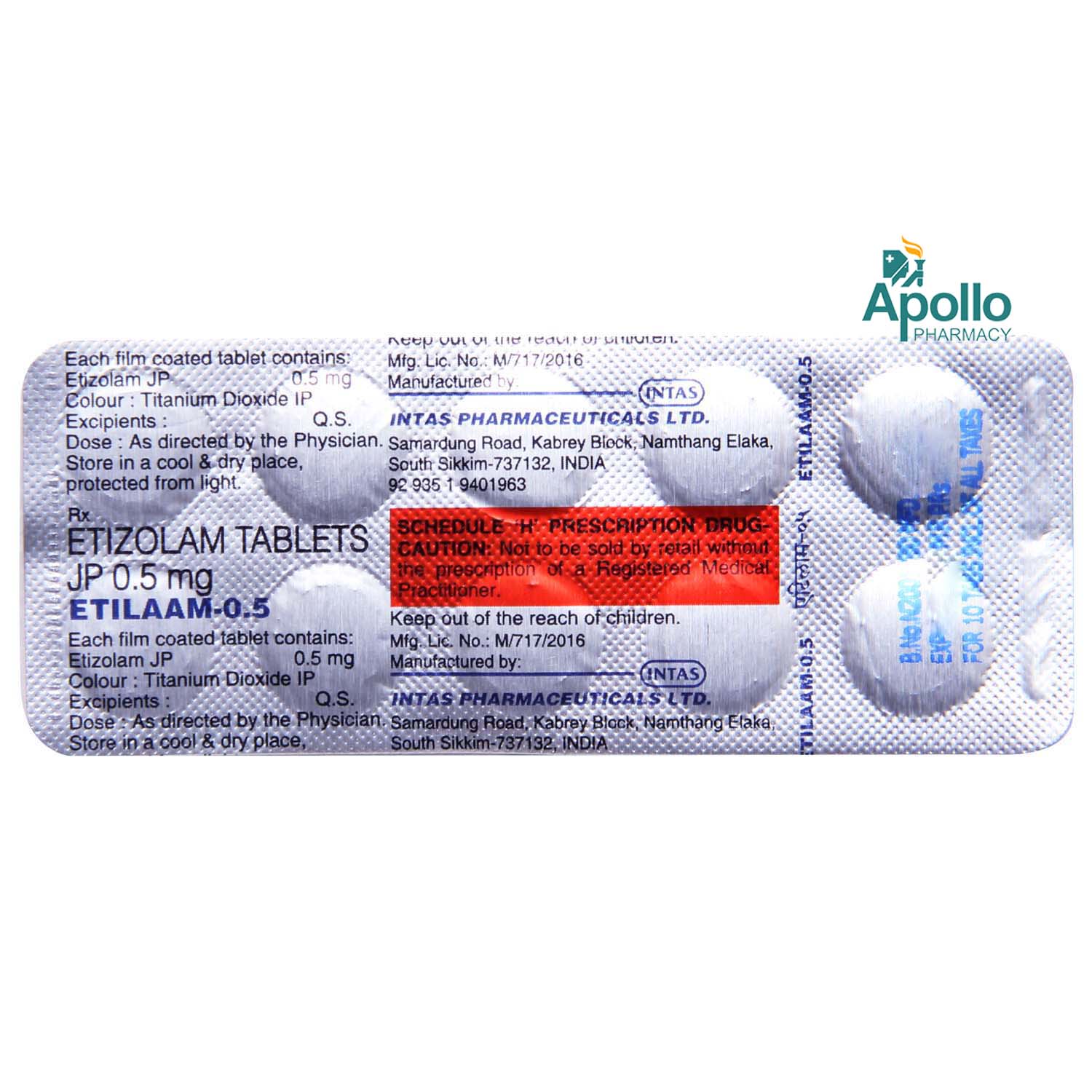 Etilaam-0.5 Tablet 10's, Pack of 10 TABLETS Etilaam-0.5 Tablet 10's, Pack of 10 TABLETS