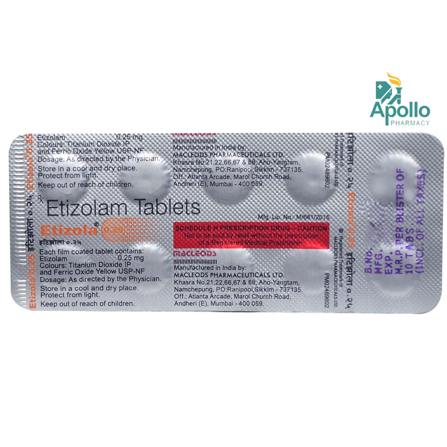 Etizola 0 25 Tablet 10 S Price Uses Side Effects Composition Apollo Pharmacy