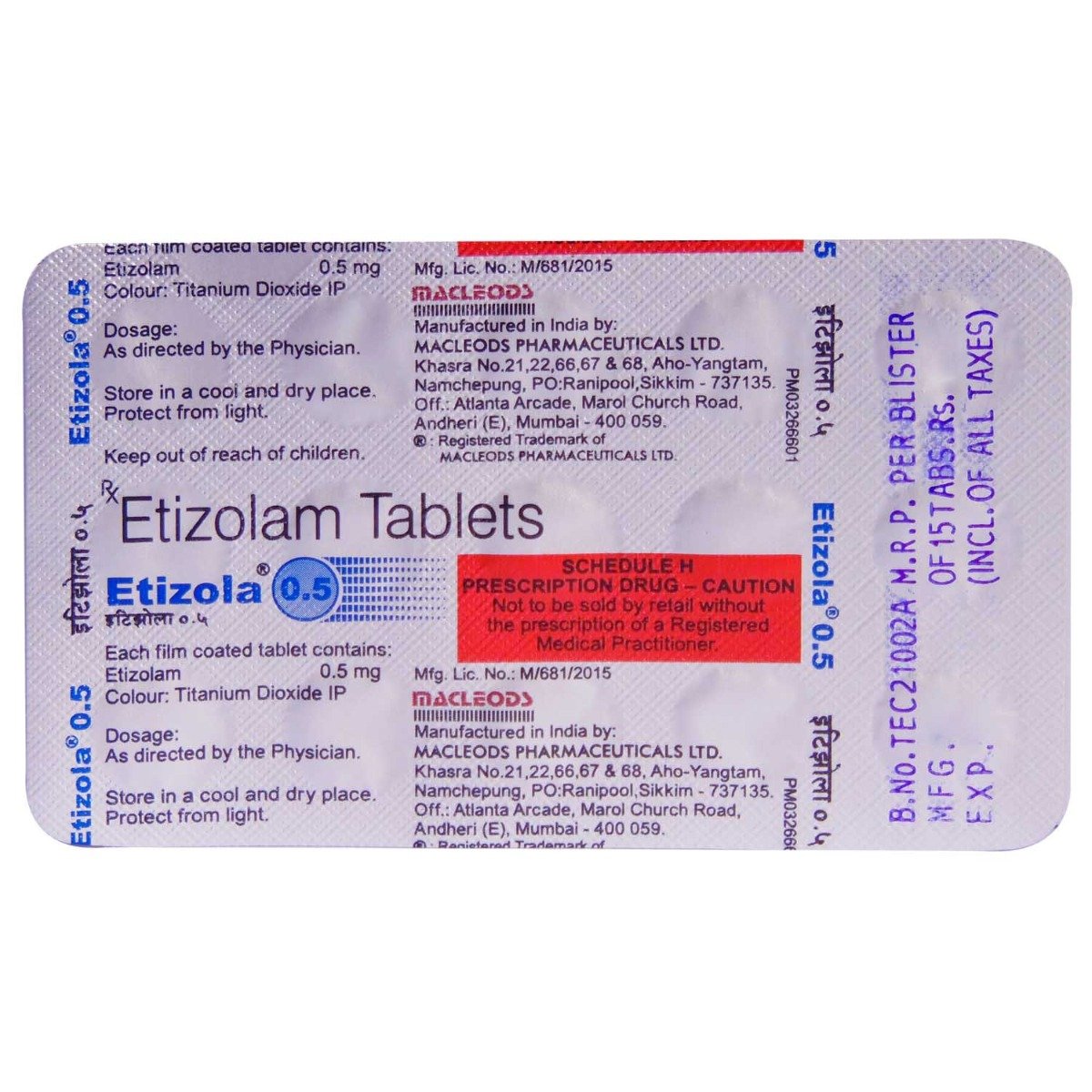 Etizola 0.5 Tablet 15's, Pack of 15 TABLETS Etizola 0.5 Tablet 15's, Pack of 15 TABLETS