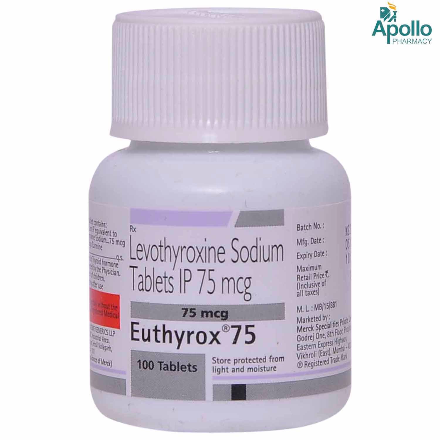 Euthyrox 75 Tablet 100's, Pack of 1 TABLET Euthyrox 75 Tablet 100's, Pack of 1 TABLET