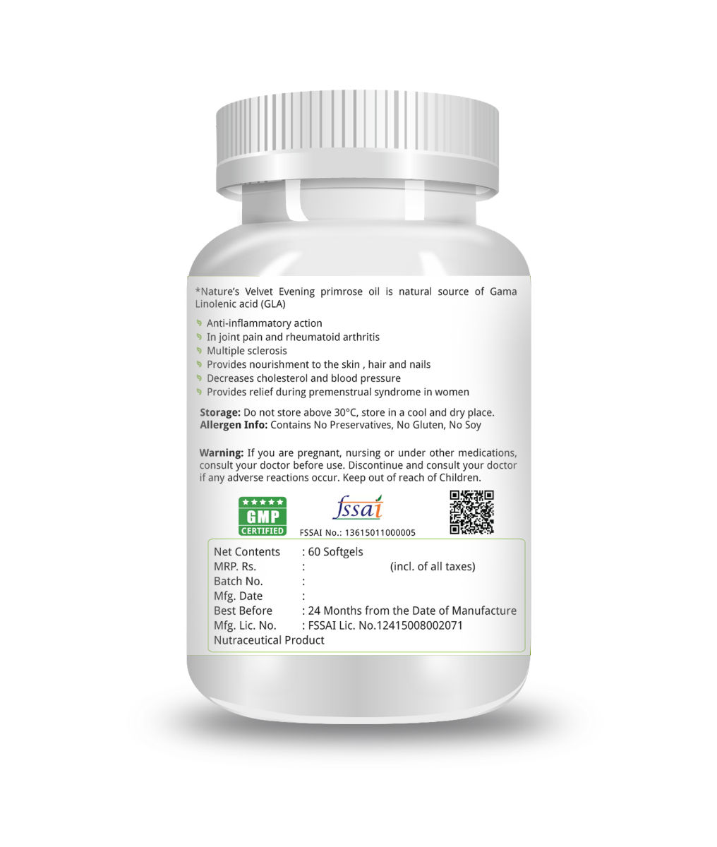 Nature's Velvet Evening Primrose Oil 1000 mg, 60 Softgels, Pack of 1 