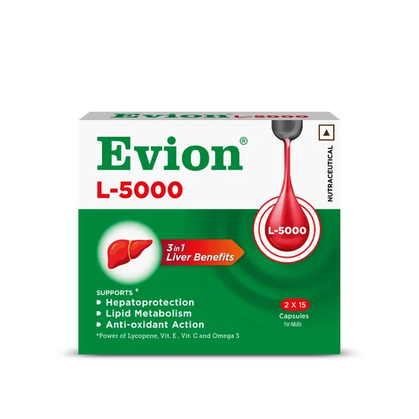 Evion L-5000, 15 Capsules |3-in-1 Liver Benefits |  Power of Lycopene, Vitamin E, Vitamin C and Omega 3