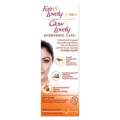 Glow &amp; Lovely Ayurvedic Care+ Face Cream 50 gm | For Natural Glow | Clears Marks &amp; Uneven Skin Tone | Improves Complexion, Pack of 1