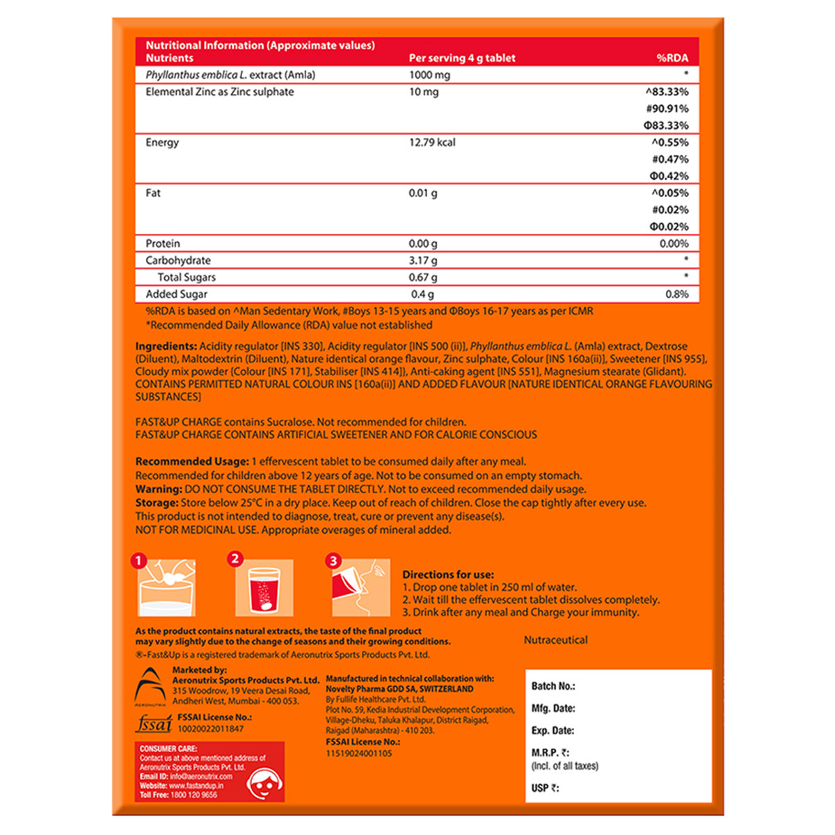 Fast&Up Charge Natural Vitamin C Orange Flavour 20 Effervescent Tablets | Amla Extract, For Immunity, Pack of 1 TABLET Fast&Up Charge Natural Vitamin C Orange Flavour 20 Effervescent Tablets | Amla Extract, For Immunity, Pack of 1 TABLET