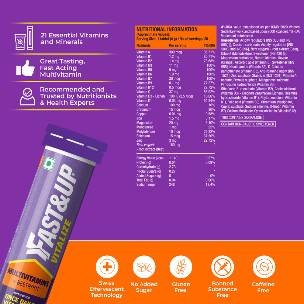 Fast&Up Vitalize 21 Multivitamins for Daily Health & Wellbeing Orange Flavour, 20 Effervescent Tablets, Pack of 1 Fast&Up Vitalize 21 Multivitamins for Daily Health & Wellbeing Orange Flavour, 20 Effervescent Tablets, Pack of 1