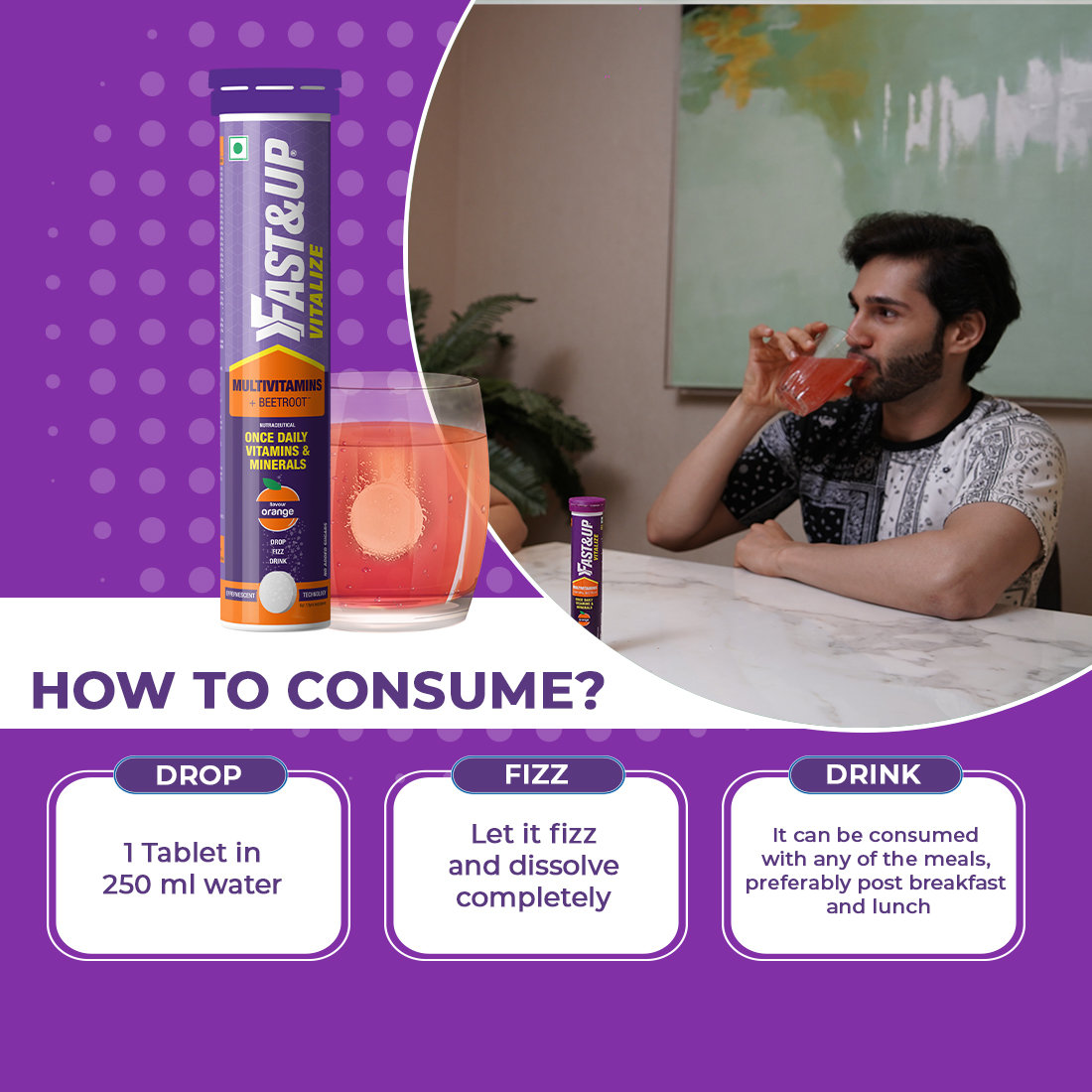 Fast&Up Vitalize 21 Multivitamins for Daily Health & Wellbeing Orange Flavour, 20 Effervescent Tablets, Pack of 1 Fast&Up Vitalize 21 Multivitamins for Daily Health & Wellbeing Orange Flavour, 20 Effervescent Tablets, Pack of 1