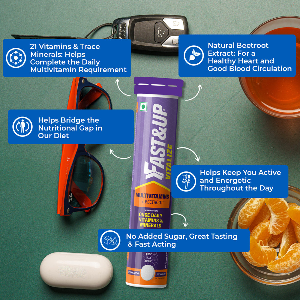 Fast&Up Vitalize 21 Multivitamins for Daily Health & Wellbeing Orange Flavour, 20 Effervescent Tablets, Pack of 1 Fast&Up Vitalize 21 Multivitamins for Daily Health & Wellbeing Orange Flavour, 20 Effervescent Tablets, Pack of 1