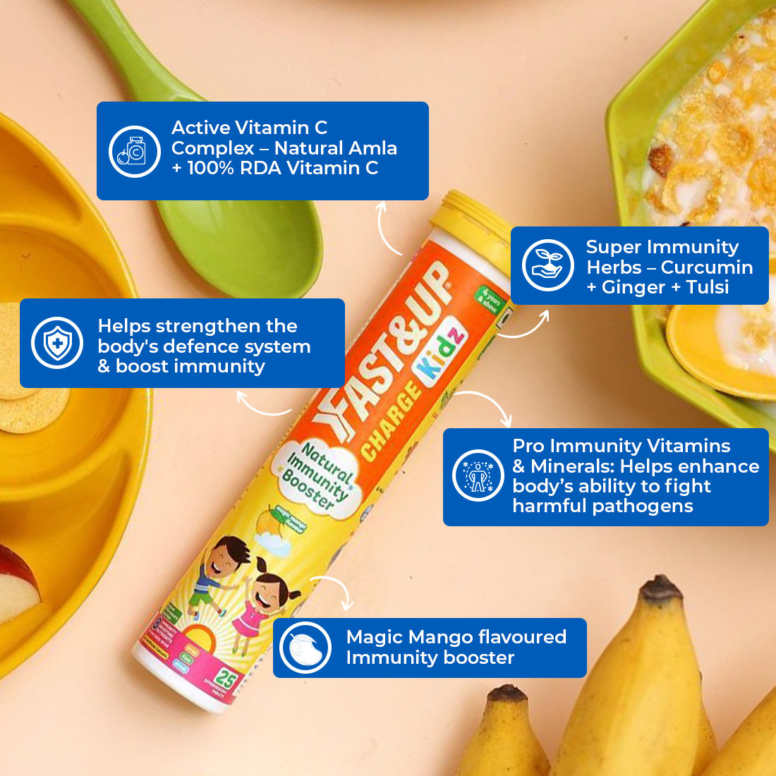 Fast&Up Charge Kidz Magic Mango Flavour, 25 Effervescent Tablets, Pack of 1 Fast&Up Charge Kidz Magic Mango Flavour, 25 Effervescent Tablets, Pack of 1
