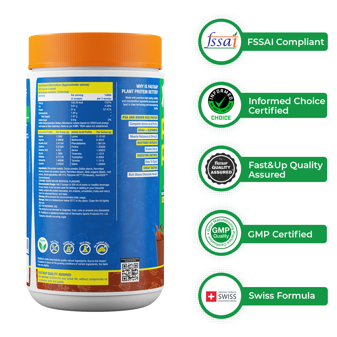 Fast&Up Plant Protein Isolate Chocolate Flavour Powder, 470 gm, Pack of 1 Fast&Up Plant Protein Isolate Chocolate Flavour Powder, 470 gm, Pack of 1