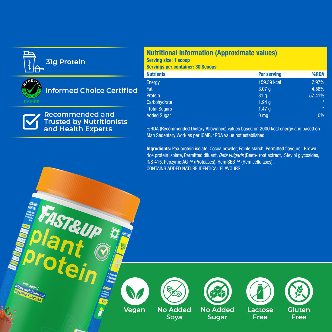 Fast&Up Plant Protein Isolate Chocolate Flavour Powder, 470 gm, Pack of 1 Fast&Up Plant Protein Isolate Chocolate Flavour Powder, 470 gm, Pack of 1