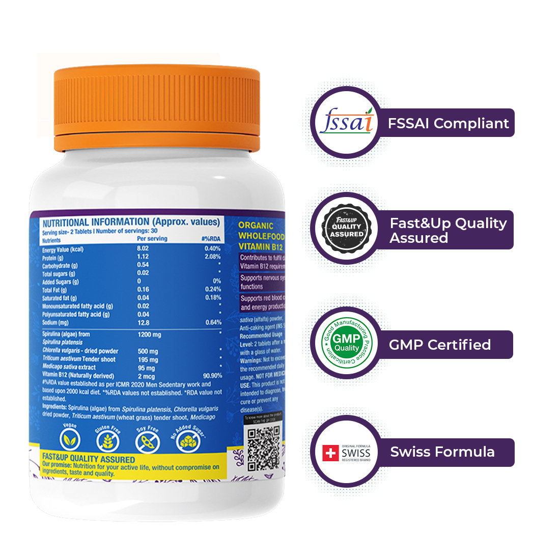 Fast&Up Plant Based B12, 60 Tablets | Vitamin B12 | 100% Natural, Preservative Free, Pack of 1 Fast&Up Plant Based B12, 60 Tablets | Vitamin B12 | 100% Natural, Preservative Free, Pack of 1