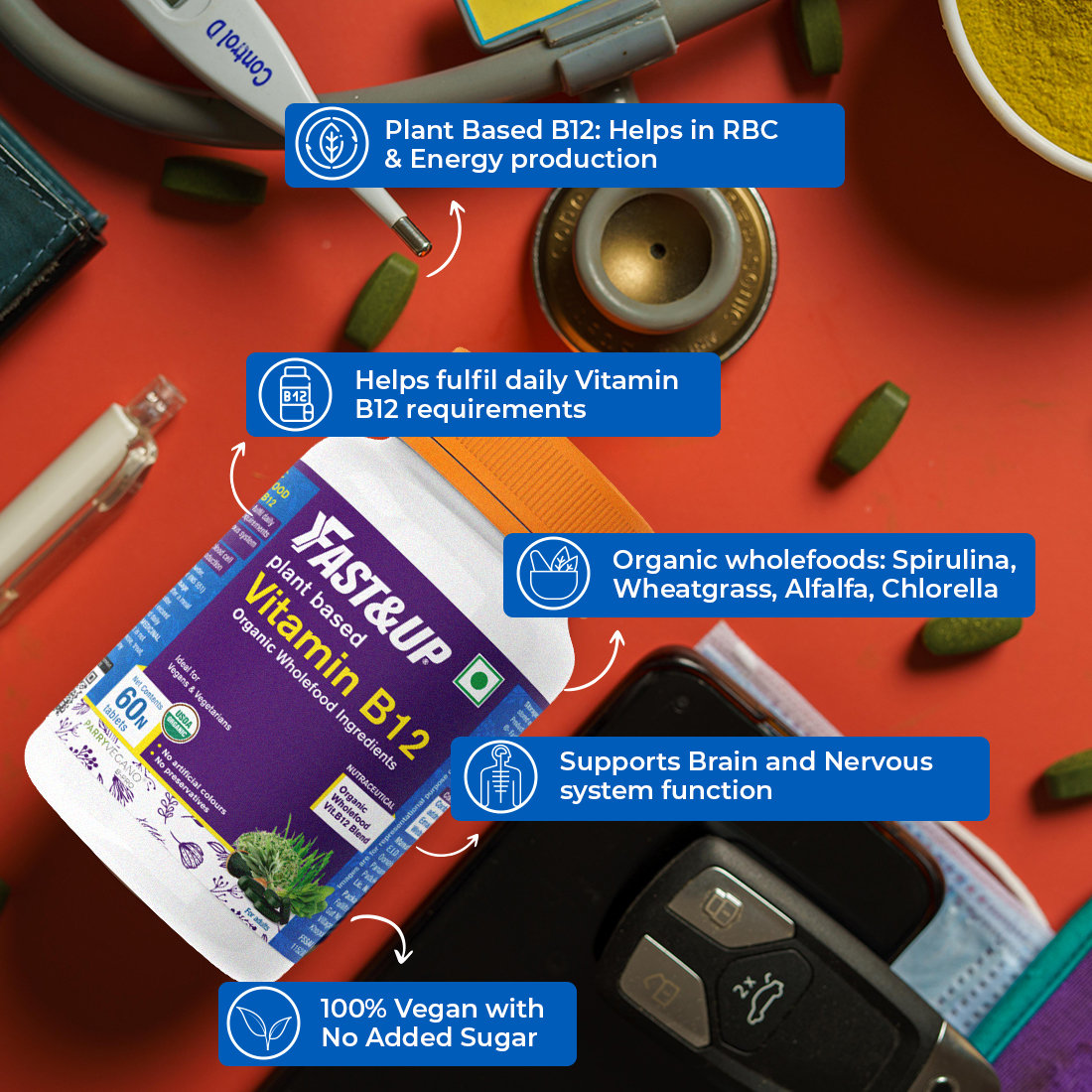 Fast&Up Plant Based B12, 60 Tablets | Vitamin B12 | 100% Natural, Preservative Free, Pack of 1 Fast&Up Plant Based B12, 60 Tablets | Vitamin B12 | 100% Natural, Preservative Free, Pack of 1