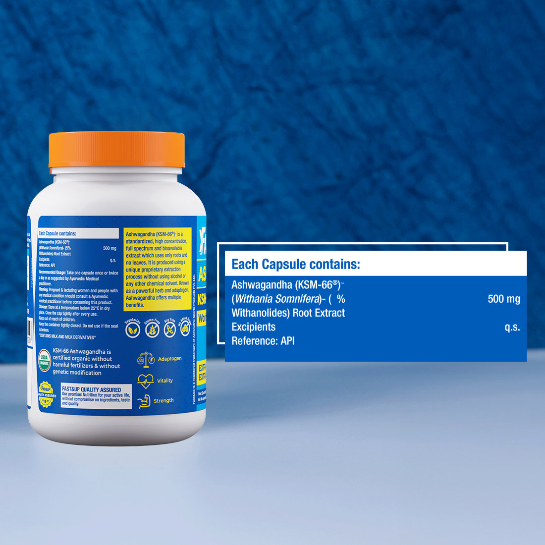 Fast&Up 500mg KSM-66, 60 Capsules | Ashwagandha | For Strength, Vitality & Stress Relief, Pack of 1 Fast&Up 500mg KSM-66, 60 Capsules | Ashwagandha | For Strength, Vitality & Stress Relief, Pack of 1