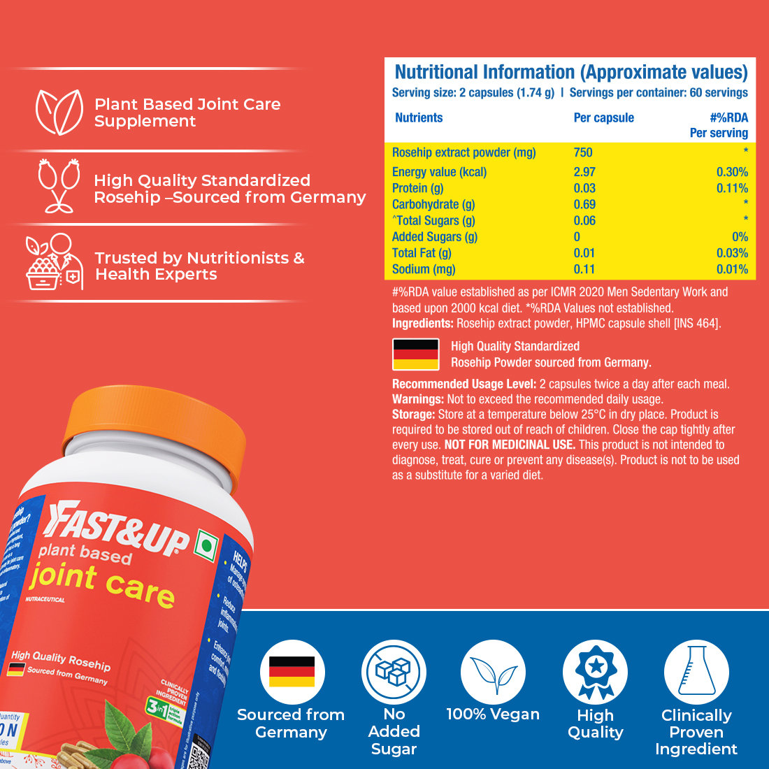 Fast&Up Plant Based Joint Care 3 In 1 Triple Action Formula, 120 Capsules, Pack of 1 Fast&Up Plant Based Joint Care 3 In 1 Triple Action Formula, 120 Capsules, Pack of 1