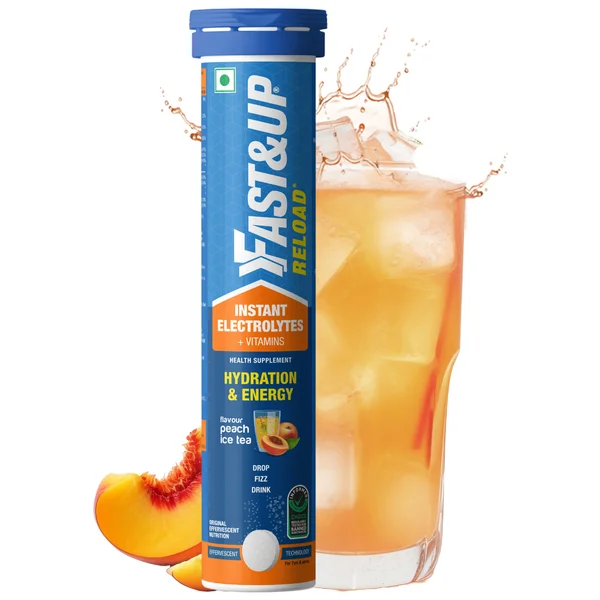 Fast&Up Reload Low Sugar Energy Drink & Instant Hydration Peach Flavour, 20 Effervescent Tablets