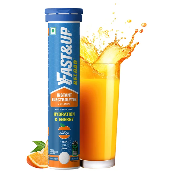 Fast&amp;Up Reload Low Sugar Energy Drink &amp; Instant Hydration Orange Flavour, 20 Effervescent Tablets, Pack of 1