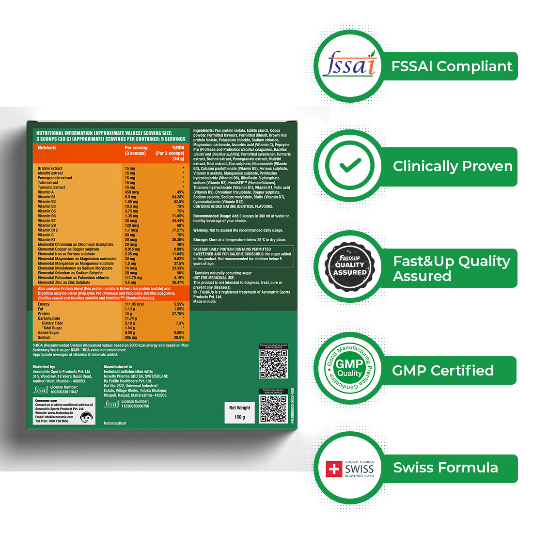 Fast&Up Daily Protein Delicious Chocolate Flavour Powder, 150 gm, Pack of 1 Fast&Up Daily Protein Delicious Chocolate Flavour Powder, 150 gm, Pack of 1