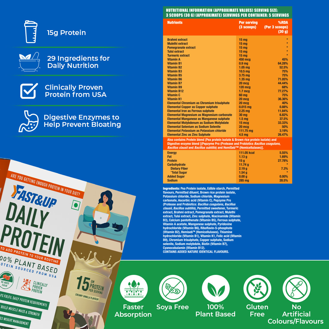 Fast&Up Daily Protein Creamy Vanilla Flavour Powder, 150 gm, Pack of 1 Fast&Up Daily Protein Creamy Vanilla Flavour Powder, 150 gm, Pack of 1