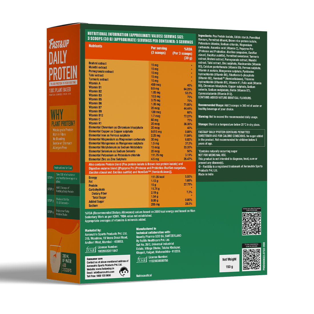 Fast&Up Daily Protein Creamy Vanilla Flavour Powder, 150 gm, Pack of 1 Fast&Up Daily Protein Creamy Vanilla Flavour Powder, 150 gm, Pack of 1