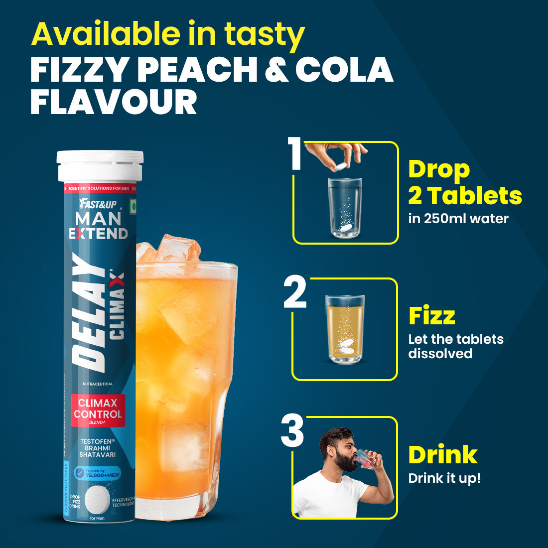 Fast&Up Delay Peach Flavour with Fenugreek, Shatavari, Brahmi, Improves Vitality, 20 Effervescent Tablet, Pack of 1 Fast&Up Delay Peach Flavour with Fenugreek, Shatavari, Brahmi, Improves Vitality, 20 Effervescent Tablet, Pack of 1