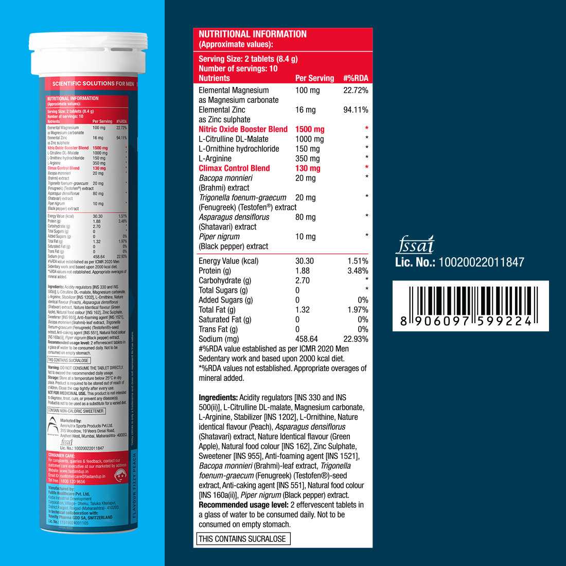 Fast&Up Delay Peach Flavour with Fenugreek, Shatavari, Brahmi, Improves Vitality, 20 Effervescent Tablet, Pack of 1 Fast&Up Delay Peach Flavour with Fenugreek, Shatavari, Brahmi, Improves Vitality, 20 Effervescent Tablet, Pack of 1