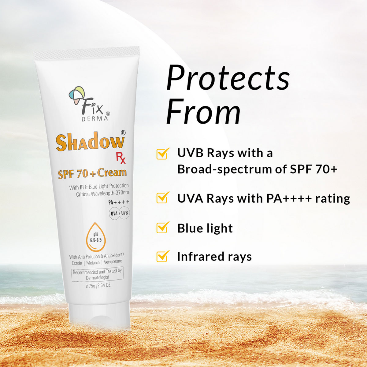 Fixderma Shadow SPF 70+ PA++++ Cream 75 gm, Pack of 1 Fixderma Shadow SPF 70+ PA++++ Cream 75 gm, Pack of 1