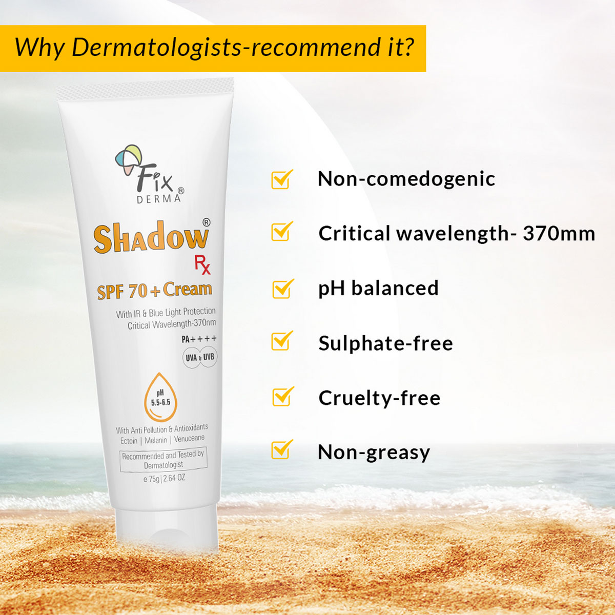 Fixderma Shadow SPF 70+ PA++++ Cream 75 gm, Pack of 1 Fixderma Shadow SPF 70+ PA++++ Cream 75 gm, Pack of 1