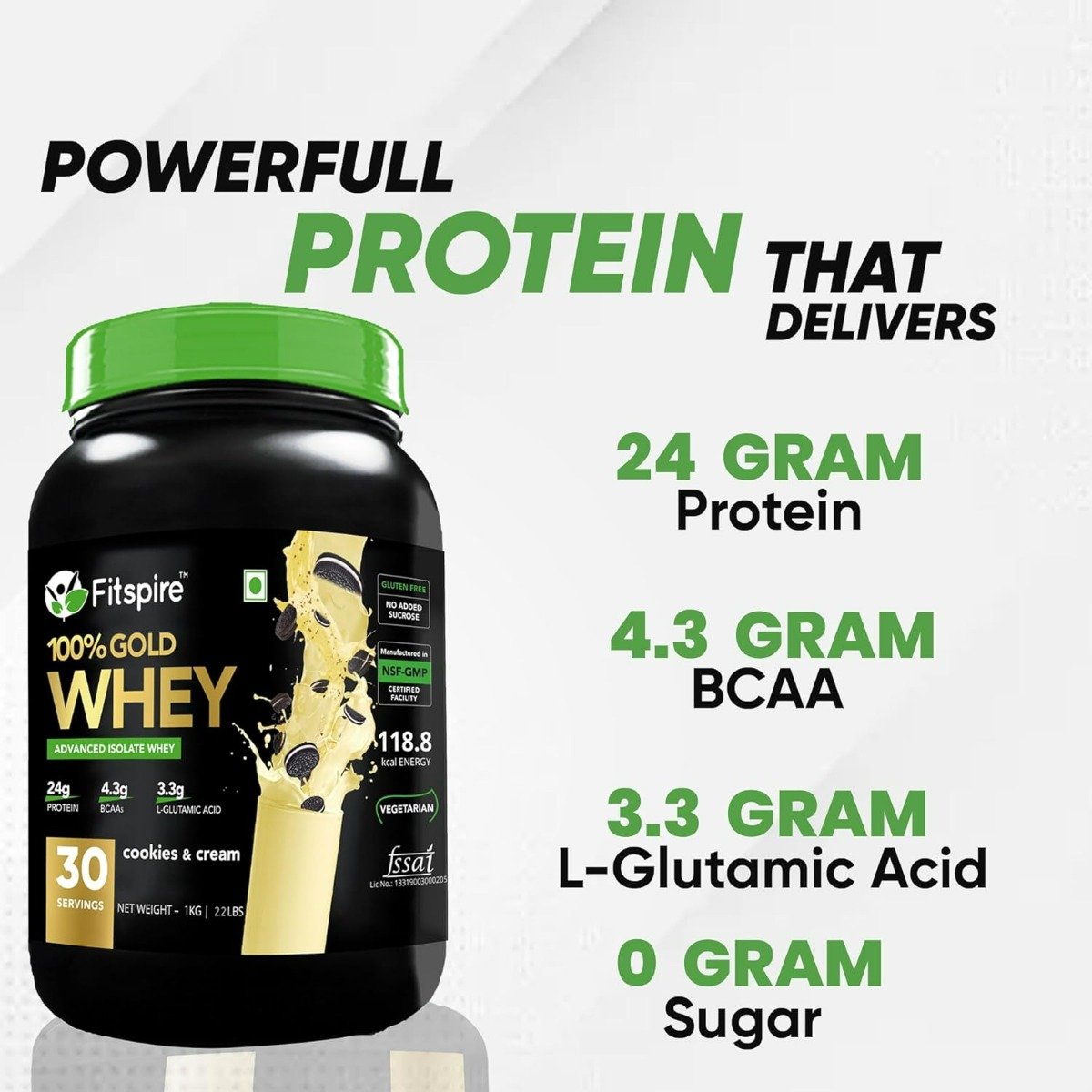 Fitspire 100% Gold Whey Isolate Protein Cookies & Cream Flavour Powder, 1 kg, Pack of 1 Fitspire 100% Gold Whey Isolate Protein Cookies & Cream Flavour Powder, 1 kg, Pack of 1