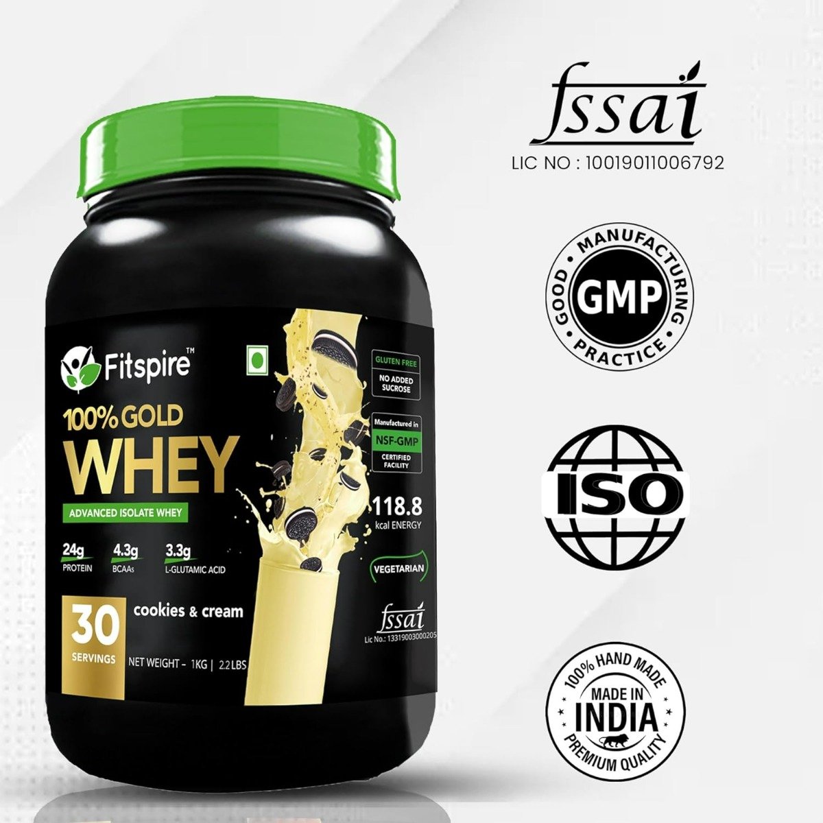 Fitspire 100% Gold Whey Isolate Protein Cookies & Cream Flavour Powder, 1 kg, Pack of 1 Fitspire 100% Gold Whey Isolate Protein Cookies & Cream Flavour Powder, 1 kg, Pack of 1