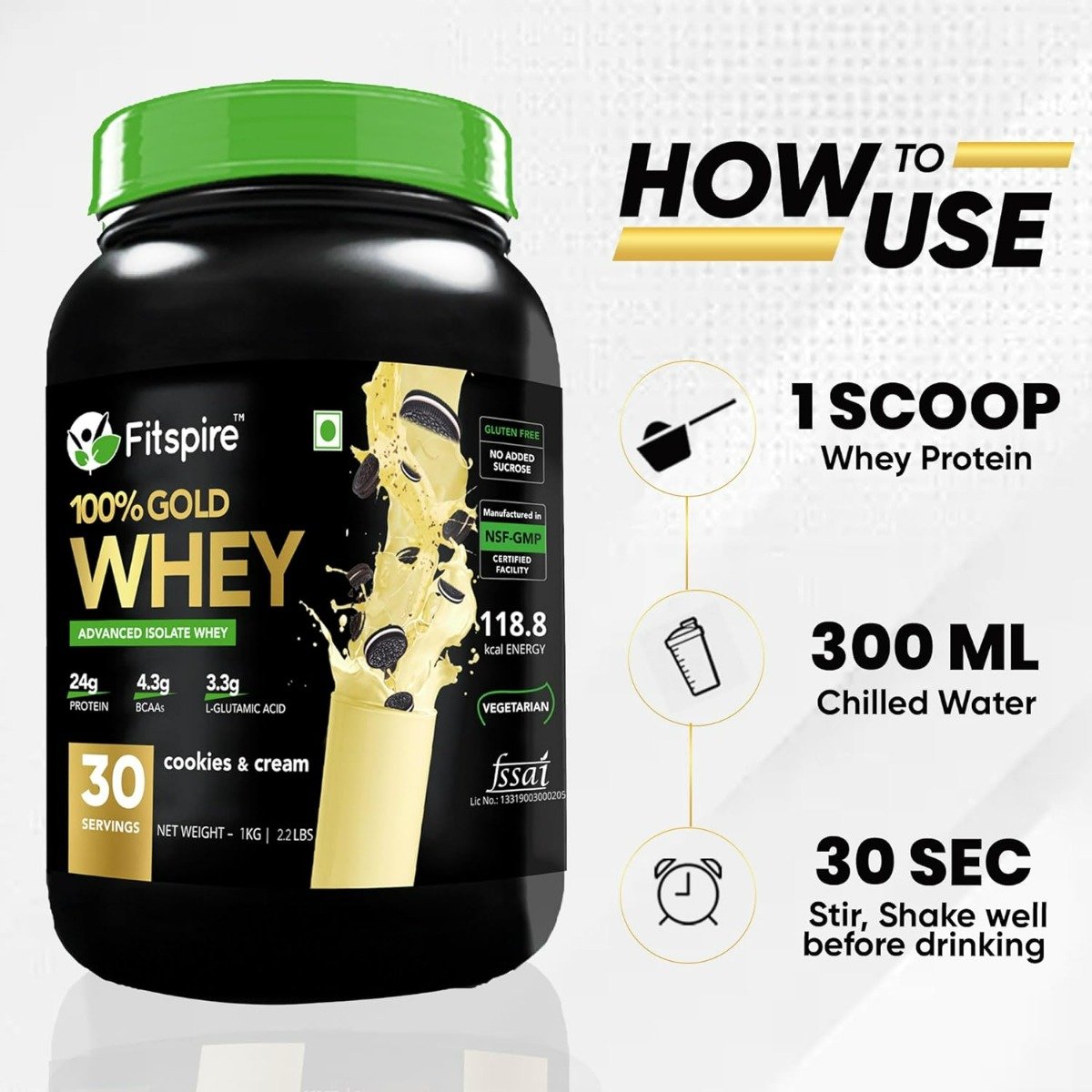 Fitspire 100% Gold Whey Isolate Protein Cookies & Cream Flavour Powder, 1 kg, Pack of 1 Fitspire 100% Gold Whey Isolate Protein Cookies & Cream Flavour Powder, 1 kg, Pack of 1