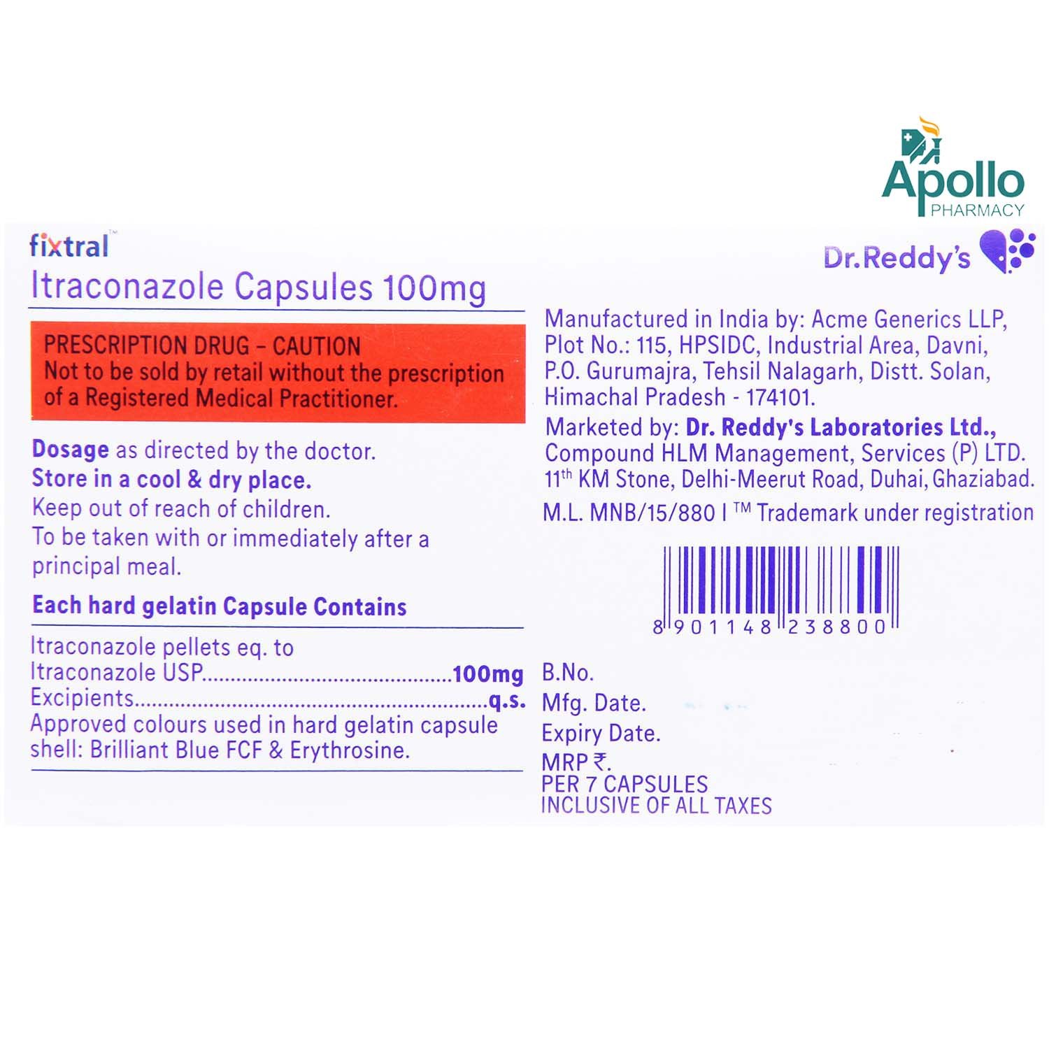 Fixtral 100 mg Capsule 7's, Pack of 7 CAPSULES Fixtral 100 mg Capsule 7's, Pack of 7 CAPSULES