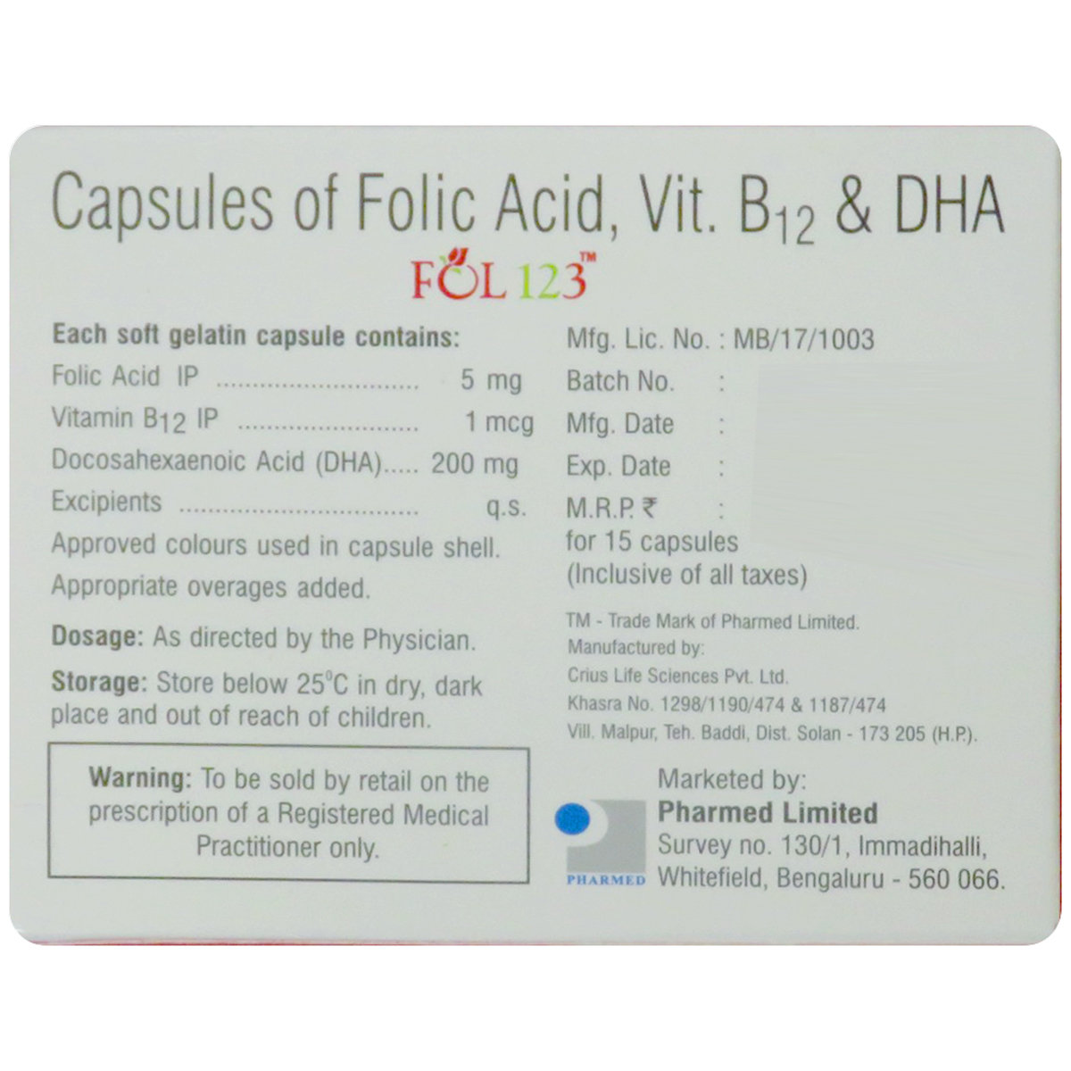Fol 123 Capsule 15's, Pack of 15 CAPSULES Fol 123 Capsule 15's, Pack of 15 CAPSULES