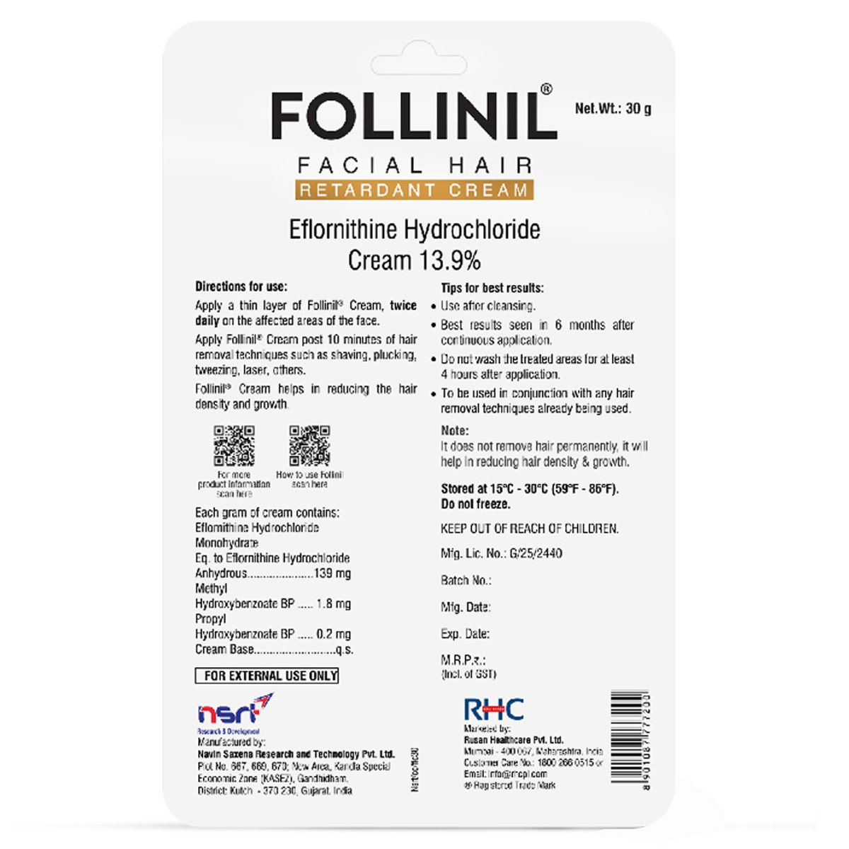 Rusan Follinil Facial Hair Retardant Cream 30 gm, Pack of 1 Rusan Follinil Facial Hair Retardant Cream 30 gm, Pack of 1
