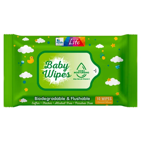 Apollo Pharmacy Biodegradable &amp; Flushable Baby Wipes, 20 (2x10) Count, Pack of 2