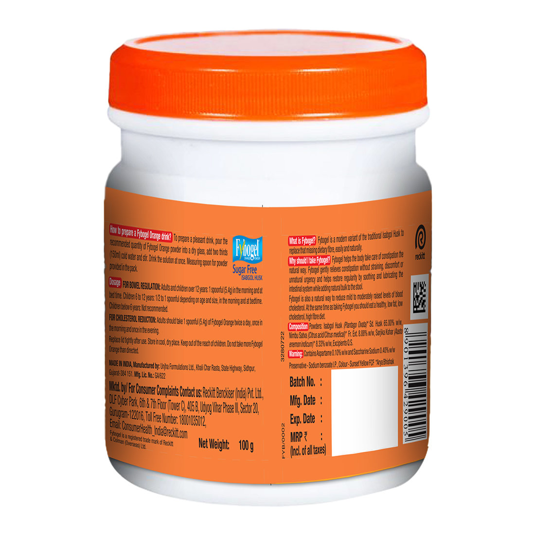 Fybogel Hi-Fibre Isabgol Husk Orange Flavour Powder, 100 gm, Pack of 1 Fybogel Hi-Fibre Isabgol Husk Orange Flavour Powder, 100 gm, Pack of 1