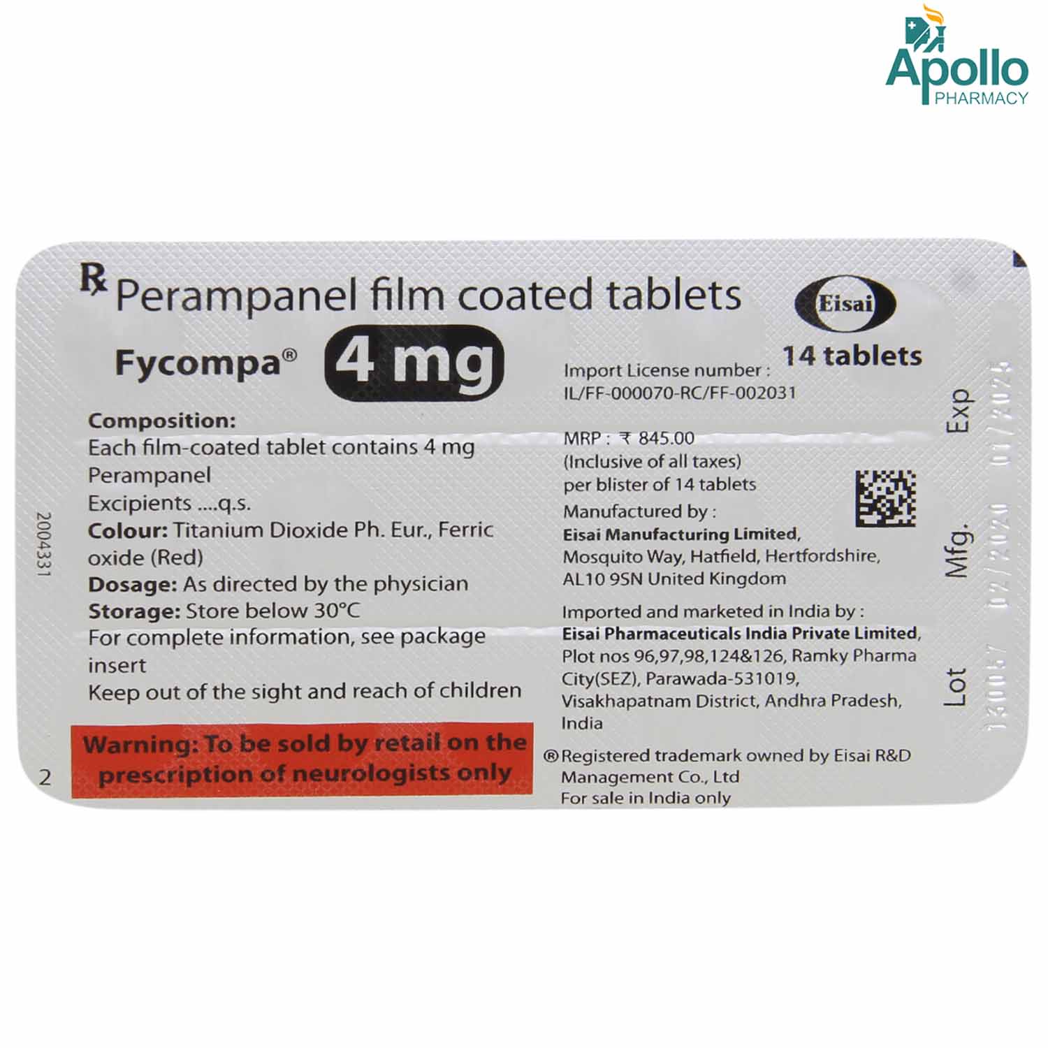 Fycompa 4 mg Tablet 14's, Pack of 14 TABLETS Fycompa 4 mg Tablet 14's, Pack of 14 TABLETS