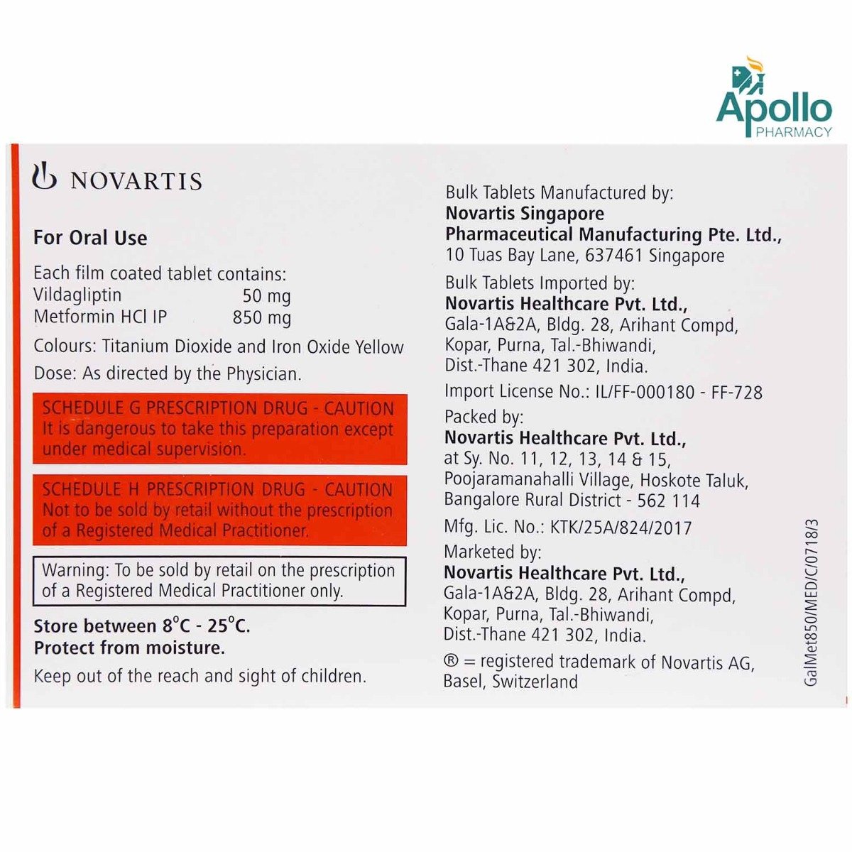 Galvus Met 50 mg/850 mg Tablet 15's, Pack of 15 TABLETS Galvus Met 50 mg/850 mg Tablet 15's, Pack of 15 TABLETS