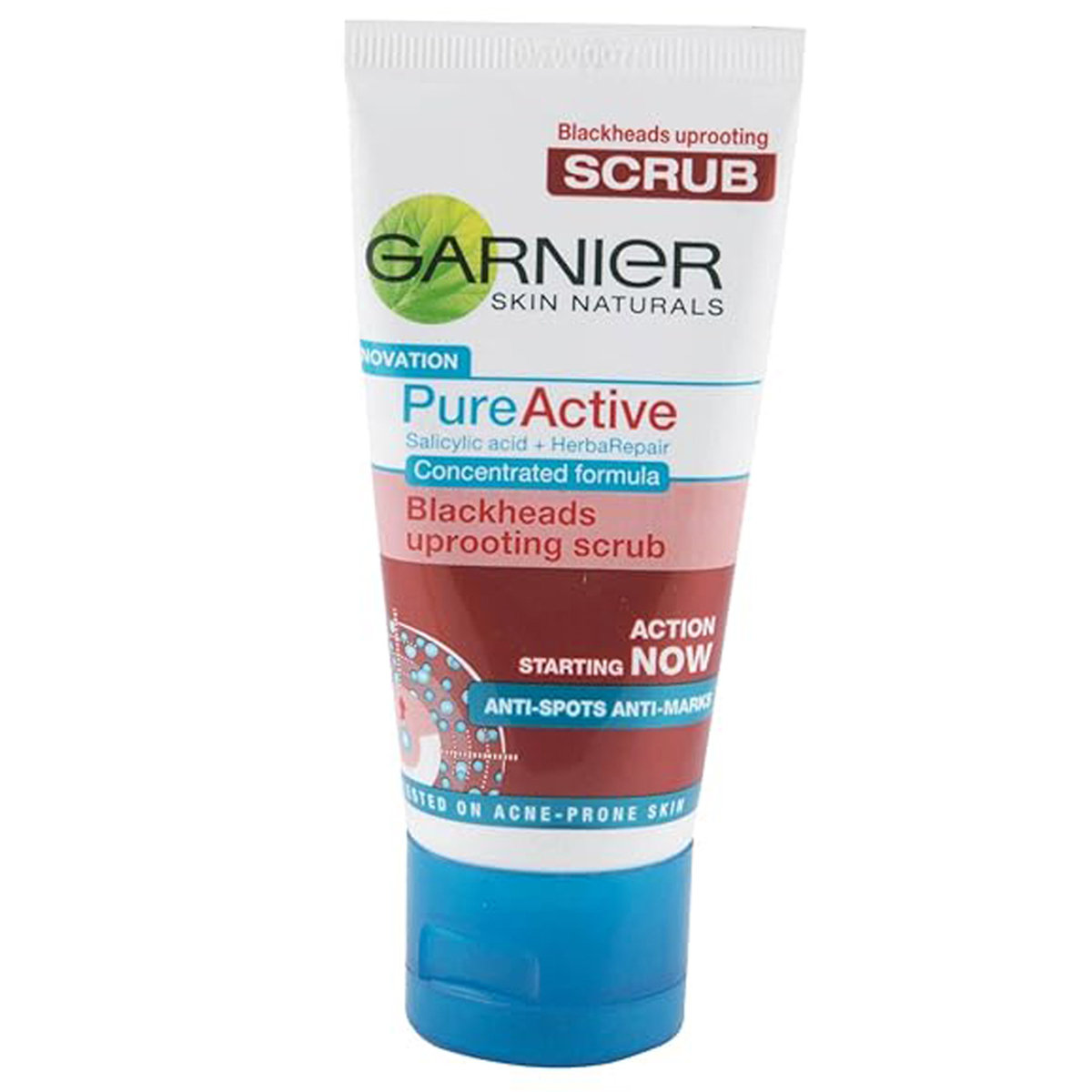 Garnier Pure Active Blackheads Uprooting Scrub 50 gm | Salicylic Acid & Herbarepair | Removes Blackheads | With Anti Spot & Anti Mark Action | Clears Imperfection Marks | For Acne Prone Skin, Pack of 1 Garnier Pure Active Blackheads Uprooting Scrub 50 gm | Salicylic Acid & Herbarepair | Removes Blackheads | With Anti Spot & Anti Mark Action | Clears Imperfection Marks | For Acne Prone Skin, Pack of 1