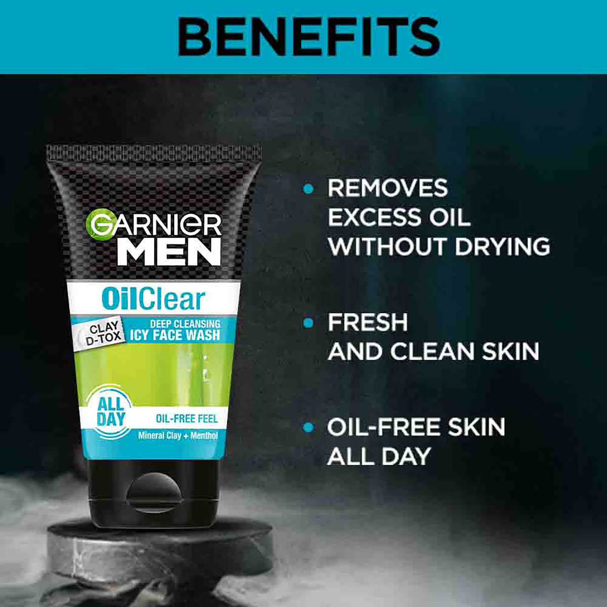 Garnier Men Oil Clear Clay D-Tox Deep Cleansing Icy Face Wash 100 gm | Mineral Clay & Menthol | Removes Excess Oil | Makes Skin Clean & Fresh | For Men, Pack of 1 Garnier Men Oil Clear Clay D-Tox Deep Cleansing Icy Face Wash 100 gm | Mineral Clay & Menthol | Removes Excess Oil | Makes Skin Clean & Fresh | For Men, Pack of 1