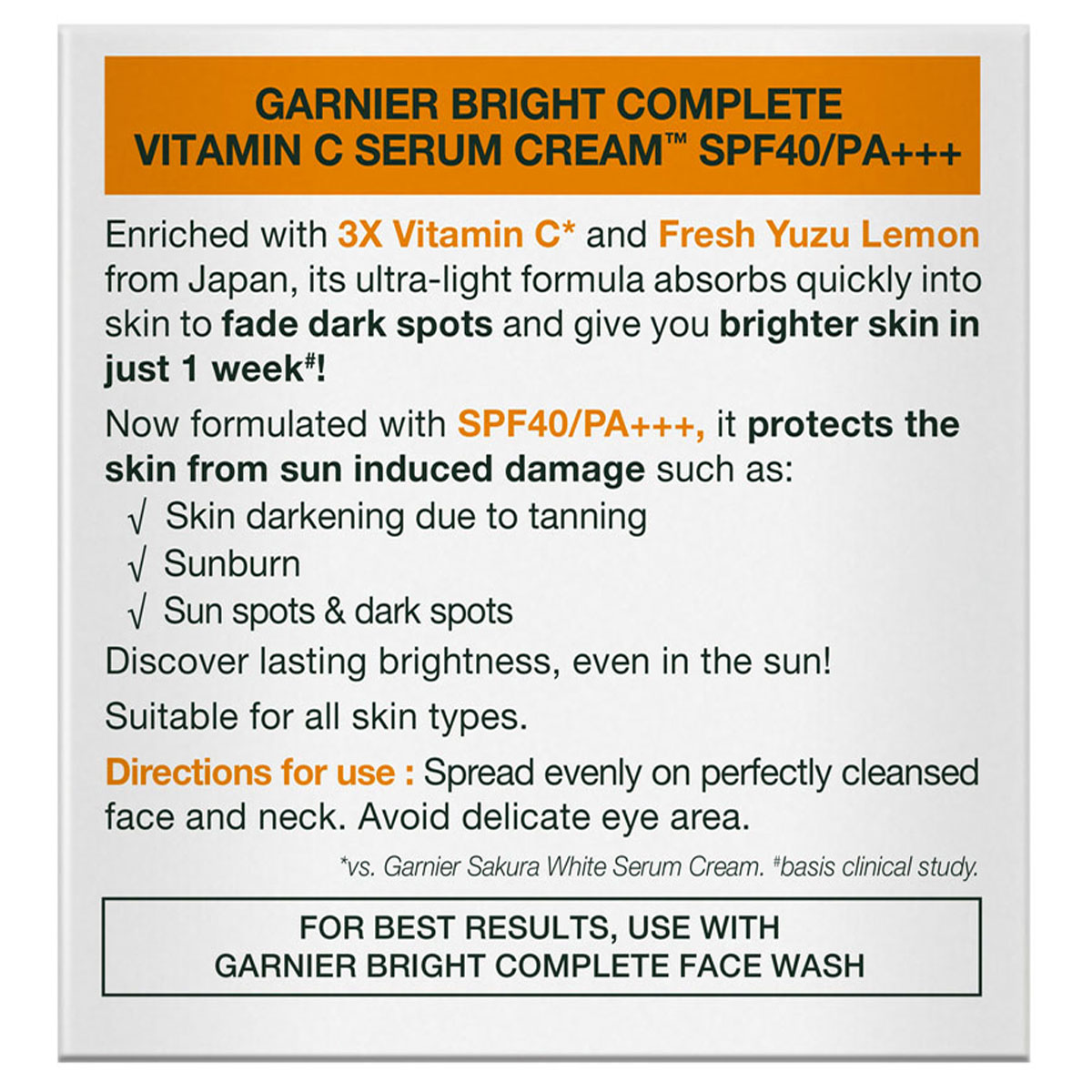 Garnier Bright Complete Vitamin C SPF 40 PA+++ Serum Cream, 45 gm, Pack of 1 Garnier Bright Complete Vitamin C SPF 40 PA+++ Serum Cream, 45 gm, Pack of 1