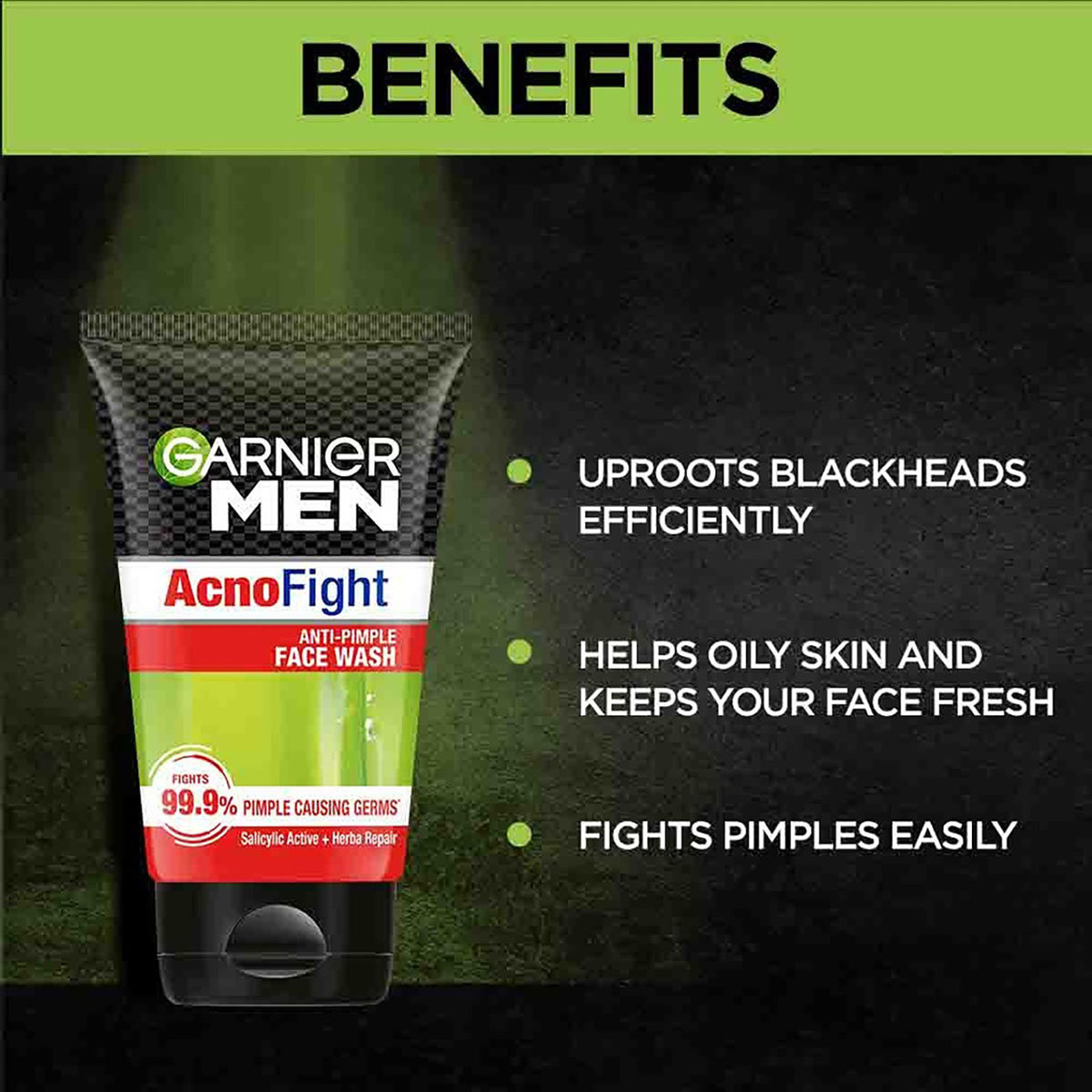 Garnier Men Acno Fight Anti-Pimple Face Wash 100 gm | Salicylic Acid & Herba Repair | Fights 99.9% Pimple Causing Germs | For Pimple Problem, Pack of 1 Garnier Men Acno Fight Anti-Pimple Face Wash 100 gm | Salicylic Acid & Herba Repair | Fights 99.9% Pimple Causing Germs | For Pimple Problem, Pack of 1